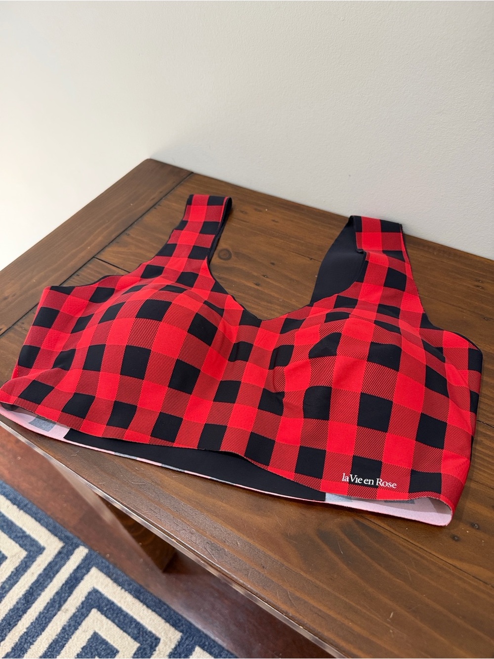 2/$28 La Vie en Rose Reversible Wireless Lounge Bra XXL Buffalo Plaid Red Black